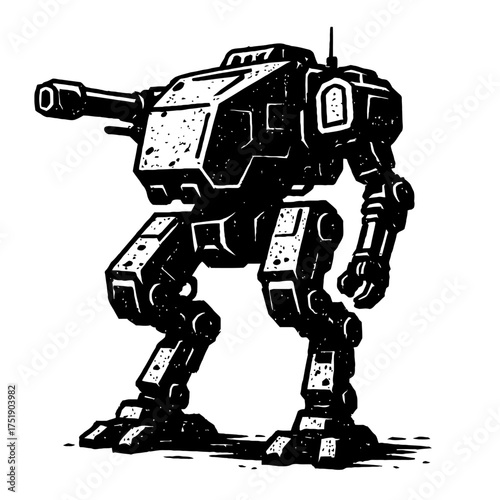 Detailed black and white illustration of a powerful bipedal combat mech, a heavily armored futuristic war machine with a prominent shoulder-mounted cannon. Great for sci-fi games, robotics, dystopian,