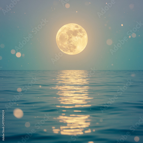 Full Moon Over Calm Ocean Water at Night with Soft Light Reflection