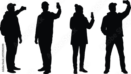 Silhouette of people taking selfies, smartphone photography, modern lifestyle, digital technology, travel moments, social media, connection, communication, creativity, youth expression
