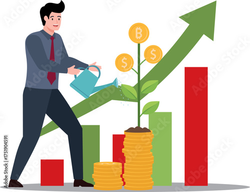 Grow your business, career development or investment profit, growth, improve company profit, salary increase or earn more income concept, ambitious businessman pouring water to grow graph plant.