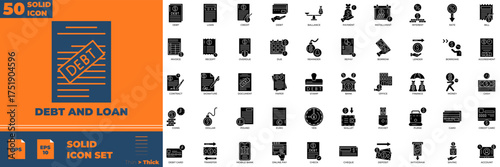 Debt And Loan Solid editable icon set. Contain icons related to Debt, loan, finance, credit and more