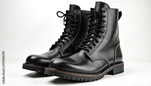 Black leather lace up combat boots with thick soles. This sturdy footwear is built for durability and style, ideal for any urban adventure or outdoor trek.
