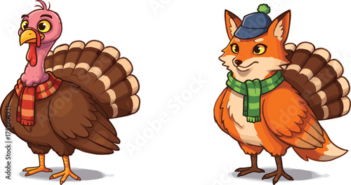 Cartoon turkey with scarf, winter fox hybrid with hat, festive animals, anthropomorphic characters, holiday illustration, Thanksgiving theme, kids design