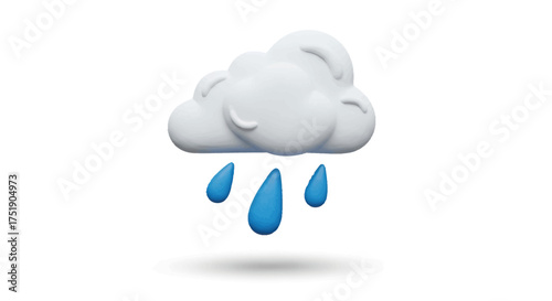 A 3D cartoon cloud with three blue raindrops falling from it.