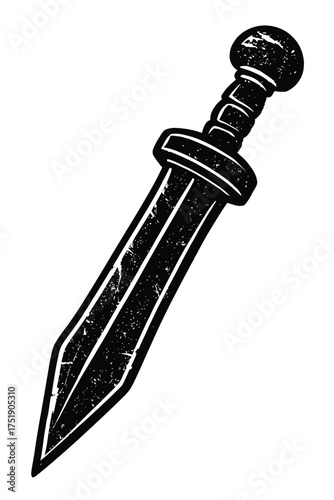 Distressed black and white illustration of a Roman Gladius short sword, an iconic ancient military weapon. Wielded by legionaries and gladiators of the Roman Empire, this grunge silhouette is perfect