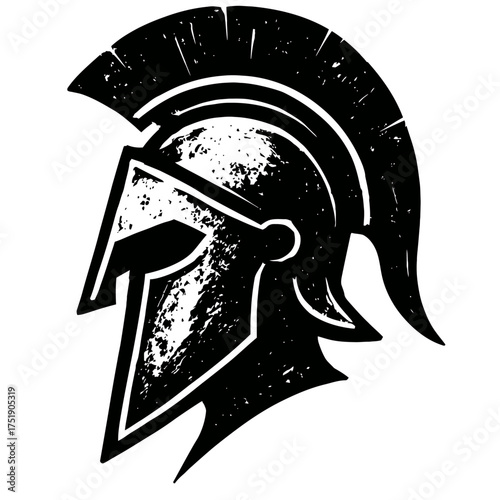 Powerful black and white vector illustration of a distressed Spartan warrior helmet, ancient Greek Corinthian style with grunge texture. Symbolizing strength, courage, valor, history, mythology. Ideal