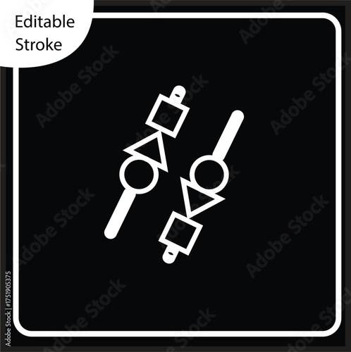Minimalist outline icon depicting two grilled food skewers, featuring simple geometric shapes. The clean white line on a black background is perfect for dark mode interfaces, culinary websites,hotel