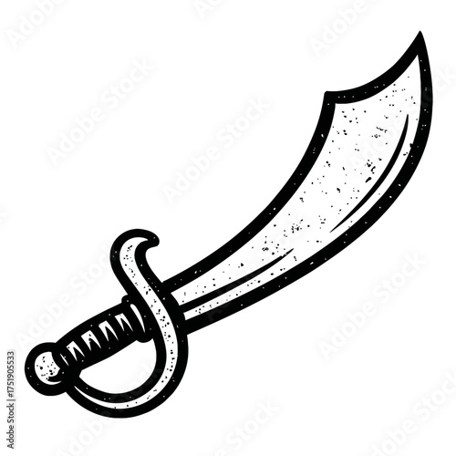 Vintage Black and White Pirate Cutlass Sword Vector Illustration - Classic Nautical Weapon Design for Adventure, Treasure Hunts, Swashbuckling Tales, and Caribbean Sea Journeys. Perfect for Themed Gra