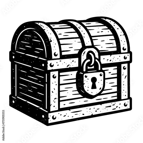 Vintage Hand-Drawn Locked Treasure Chest Illustration with Rustic Wood Grain Texture and Secure Padlock Detail, Perfect for Pirate Themes, Adventure Games, Digital Icons, and Retro Graphic Designs – A