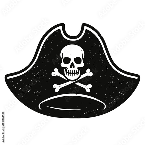 Classic black pirate hat illustration with white skull and crossbones emblem. Vintage distressed Jolly Roger bicorne or tricorne hat icon, perfect for historical, adventure, or Halloween themes. High-