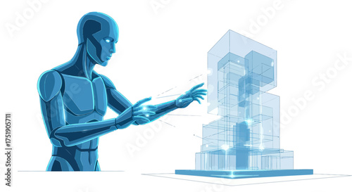 Futuristic blue android architect designing a building with a holographic interface.