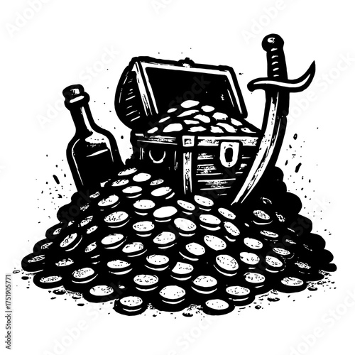 Detailed black and white woodcut illustration of an overflowing pirate treasure chest filled with glittering gold coins, a sharp cutlass, and a mysterious bottle, evoking thrilling tales of maritime a