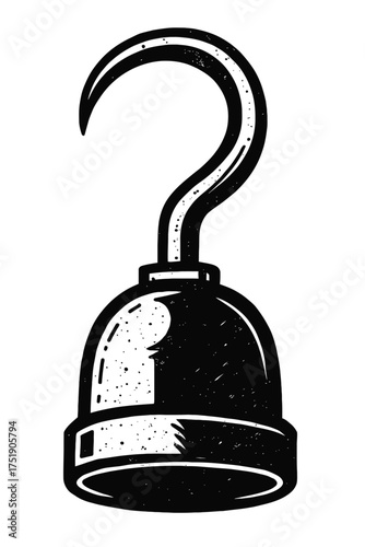 Classic Black and White Pirate Hook Illustration with Vintage Stipple Texture, Hand-Drawn Nautical Motif for Swashbuckling Adventure Themes, Iconic Symbol of Maritime History and Treasure Hunting Jour