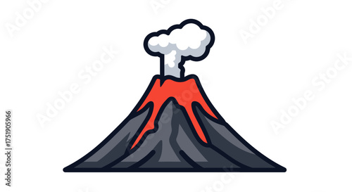 A simple cartoon illustration of an erupting volcano with red lava and a smoke plume.