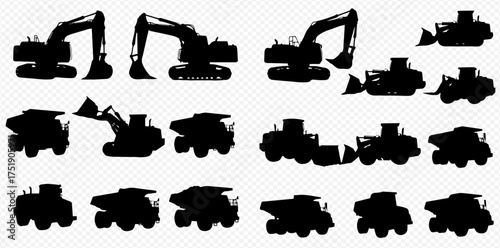A collection of black silhouettes of various heavy construction vehicles, including excavators, dump trucks, and bulldozers, on a transparent background.