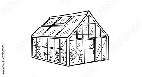 Detailed Sketch of a Glass Greenhouse with Plants Inside.
