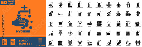 Hygiene Solid editable icon set. Contain icons related to hygiene, clean, health, soap and more