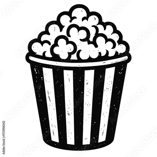 Classic black and white striped popcorn bucket illustration, perfect for cinema, movie night, and snack-themed designs. A vintage-inspired hand-drawn graphic representing delicious theatre-style enter