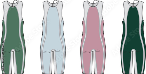 Set of four sleeveless athletic swimsuits or wrestling attire in different colors