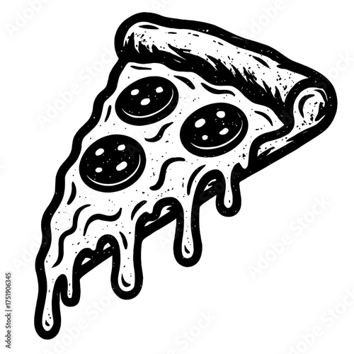 Classic Black and White Pizza Slice Illustration with Melting Cheese and Pepperoni Toppings, Perfect for Food Blogs, Restaurant Menus, Streetwear Designs, and Italian Cuisine Graphics, featuring a Ret
