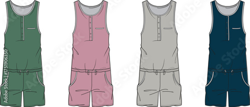 Vector fashion flats of women's sleeveless rompers with button-front, drawstring waist, and pockets. Essential technical design for casual apparel and loungewear concepts
