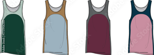 Vector illustration of blank sleeveless tank tops in a range of solid colors, perfect for apparel design mockups, fashion presentations, or sportswear concepts