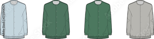 Collection of bomber jacket technical flat sketches, apparel design template with front zipper and long sleeves in multiple colorways