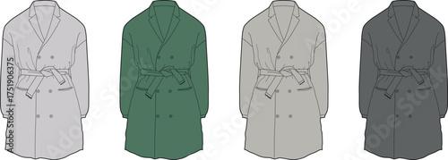 Set of four fashion illustrations of double-breasted trench coats in different colors grey, green, light grey, and dark grey, each with a belted waist