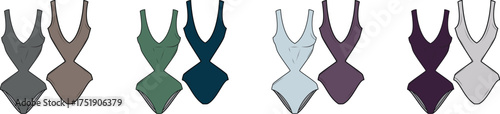 Various one-piece swimsuits in a variety of colors and styles, ideal for beachwear or pool fashion
