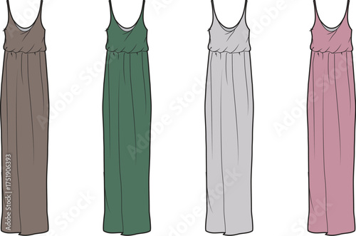 Fashion flat sketch set of a woman's long strap dress. Garment design template showing a maxi dress in four different color variations for a clothing collection