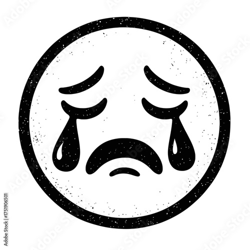 Gritty, textured black and white crying emoji illustration, conveying deep sorrow and emotional pain. This vintage-style, hand-drawn sad face with streaming tears captures feelings of despair, grief,