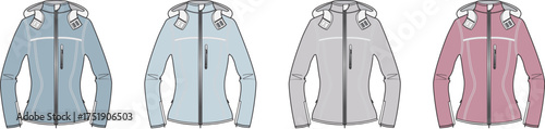 Collection of women's hooded sport jackets in various colors. Vector flat technical sketch, apparel design template for activewear