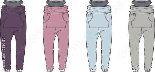Technical fashion flats illustrating a versatile collection of women's comfortable sweatpants in multiple colors, ideal for apparel design, sportswear development, and casual clothing templates