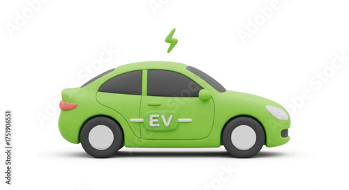3D green electric car with EV symbol and lightning bolt.