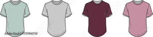 Vector illustration set of basic t-shirts in different colors. Blank clothing apparel templates for fashion design with a rounded bottom