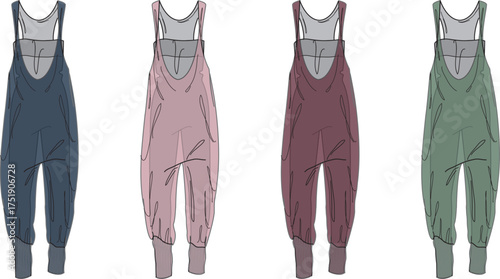 Versatile women's fashion overall technical flats in multiple color variations, ideal for clothing design, collection presentations, and garment production concepts