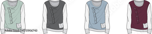 Women's long-sleeve knit top fashion flat sketch vector set. Features a modern draped neckline and front pocket. Four color variations for apparel technical drawings