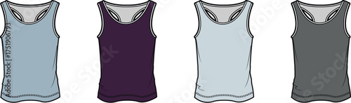 Collection of four different colored tank tops displayed side-by-side on white background, ideal for fashion and apparel design