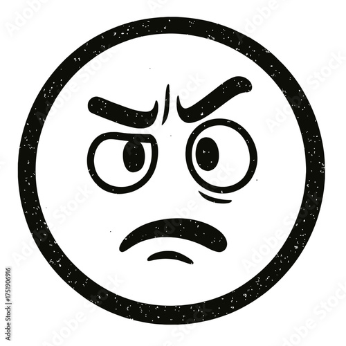 Black and White Angry Emoji Graphic: A Distressed, Grunge-Textured Hand-Drawn Cartoon Face, Clearly Expressing Intense Frustration, Irritation, and Annoyance with Furrowed Brows, Wide Eyes, and a Deep