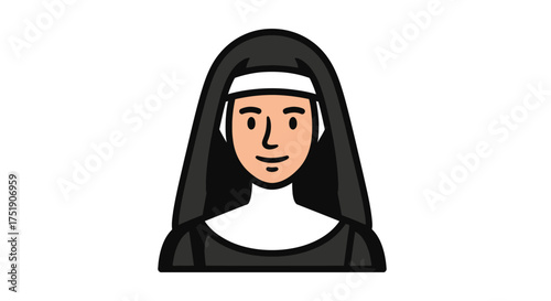 Cartoon illustration of a smiling nun wearing a black habit and white coif.