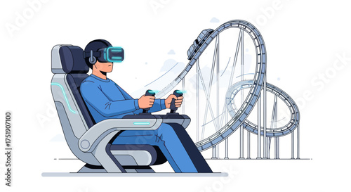Man experiencing virtual reality roller coaster ride with headset and controllers.