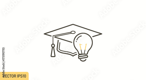 Education Idea Concept: Mortarboard Graduation Cap with Glowing Light Bulb Icon.