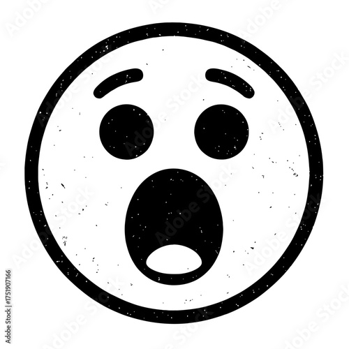 Black and white distressed surprised emoji icon, wide-open mouth, round eyes, arched eyebrows. A grainy textured graphic expresses profound shock, awe, sudden gasp, perfectly conveying astonishment an