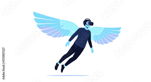 Person Wearing VR Headset with Angel Wings Flying.