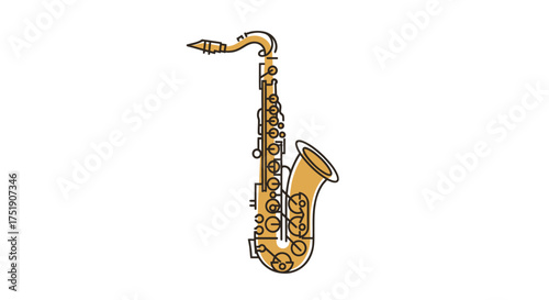A detailed illustration of a golden alto saxophone with intricate keywork.