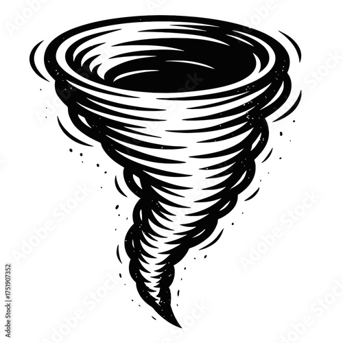 Powerful Black and White Stylized Tornado Vortex Illustration: A Dynamic Swirling Weather Phenomenon Design, Capturing the Intense Force of a Natural Disaster with Whirlwind Cyclone Graphic Art and Ab