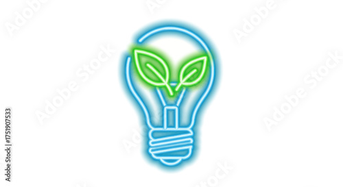Glowing Neon Light Bulb with Green Leaves Symbolizing Eco-Friendly Energy.