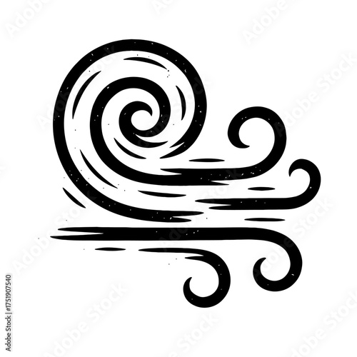 Dynamic Black & White Stylized Wind Swirl & Gusts Illustration – An abstract graphic symbol of powerful air currents, natural energy, and fluid motion, ideal for weather icons, elemental designs, envi