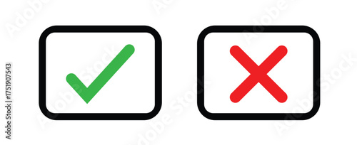 Set of green checkmark, red cross, x mark icon, flat rounded right and wrong sign concept vector  illustration