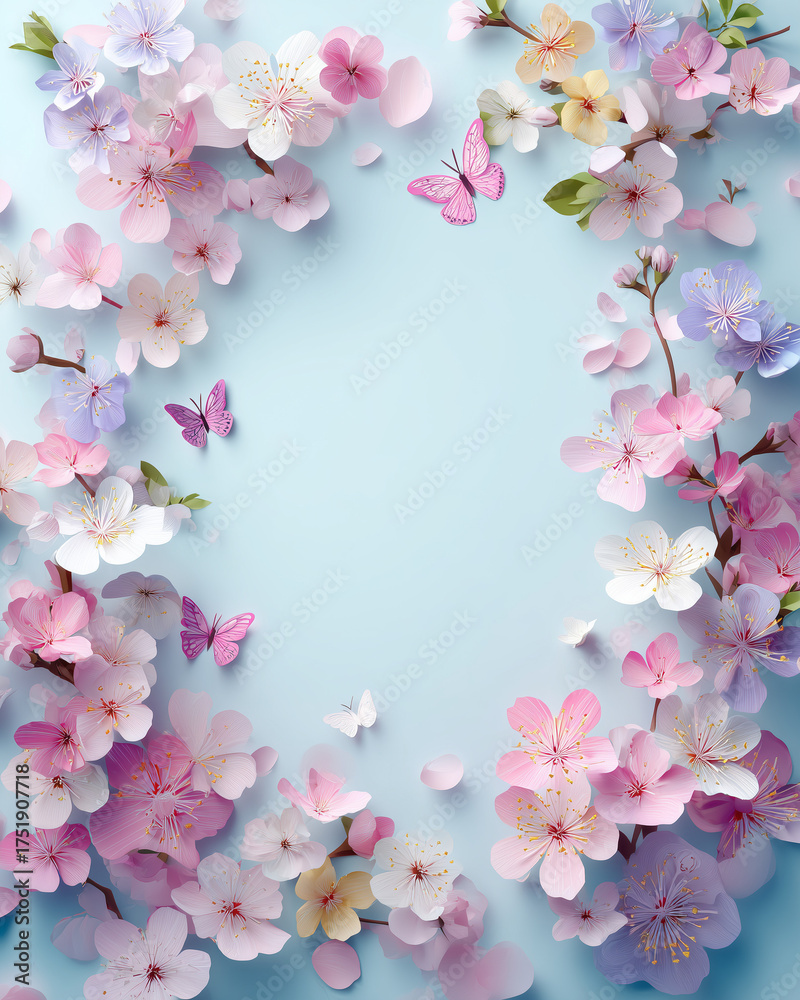 Fototapeta premium Paper cutout cherry blossom floral frame with pastel butterflies and soft spring background 